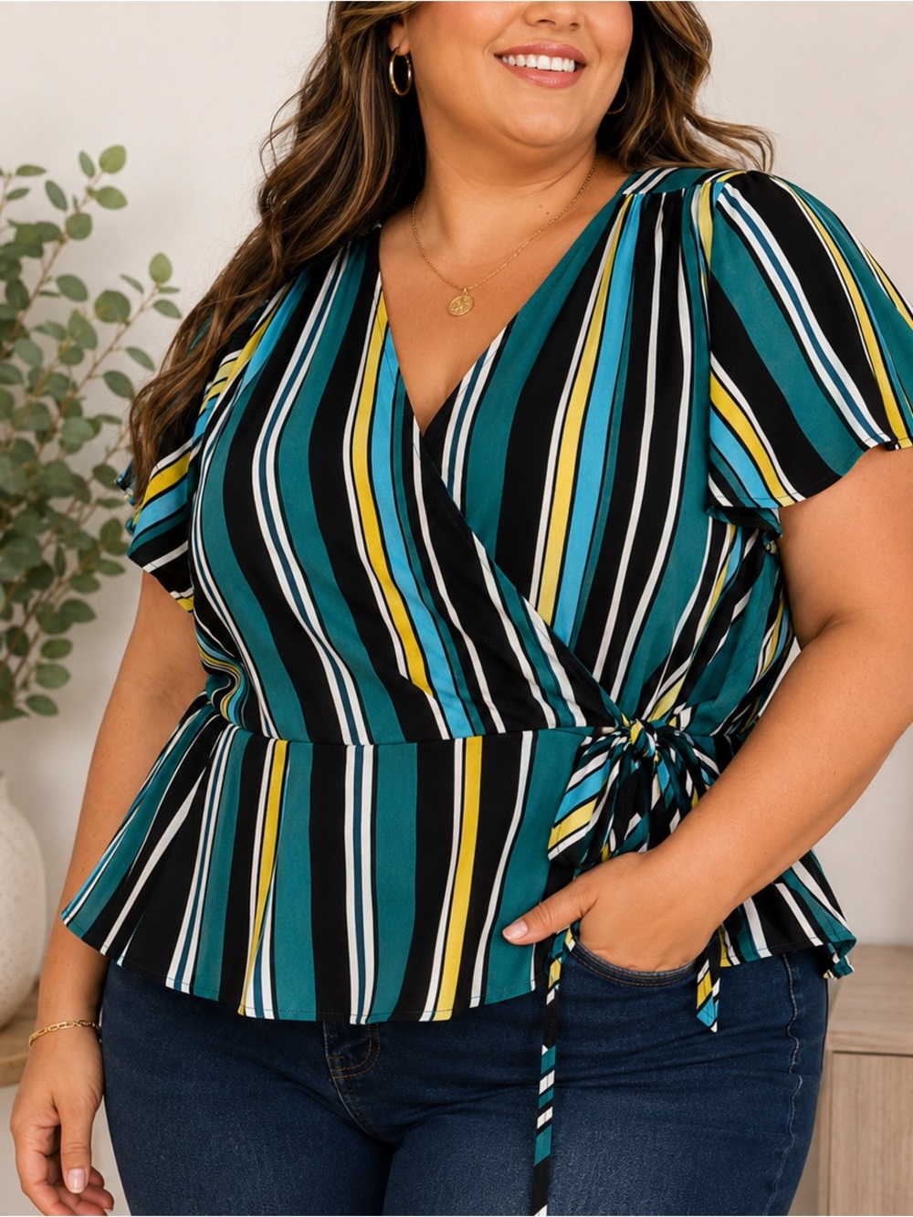 Timing XL Striped Faux Wrap Peplum Blouse Teal‎ Blue Yellow Flutter Sleeve Top